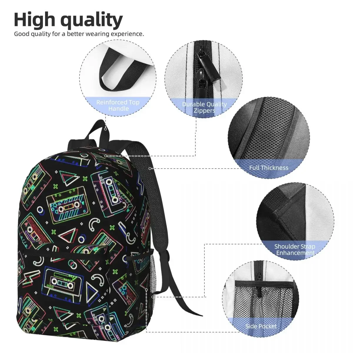 Compact Cassette Cartoon Pattern Backpack Daypack Large Capacity Boys Girls BookBag School Bag Shoulder Bags for Men Women