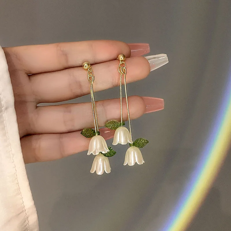 925 Silver Needle Earrings Korean Edition Bell Orchid Earrings Women's Pastoral Style Fresh Green Small Design Earrings Women