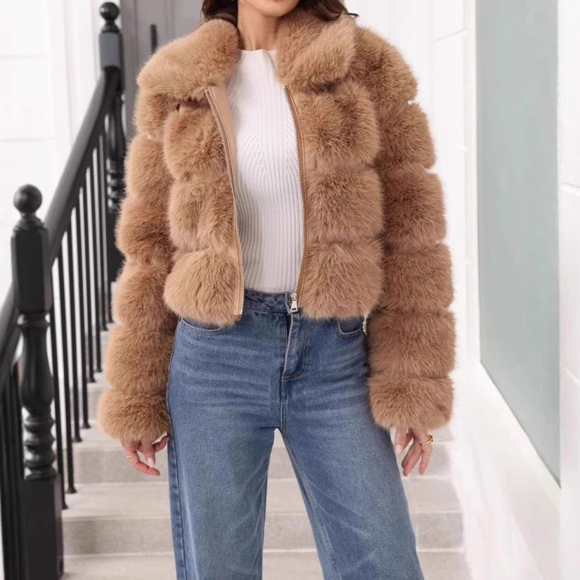 

Faux Fur Coat Women Coats Zipper Overcoat Short Thick Warm Y2k Streetwear Elegant Jackets Outerwear Autumn Winter 2025 Outwear