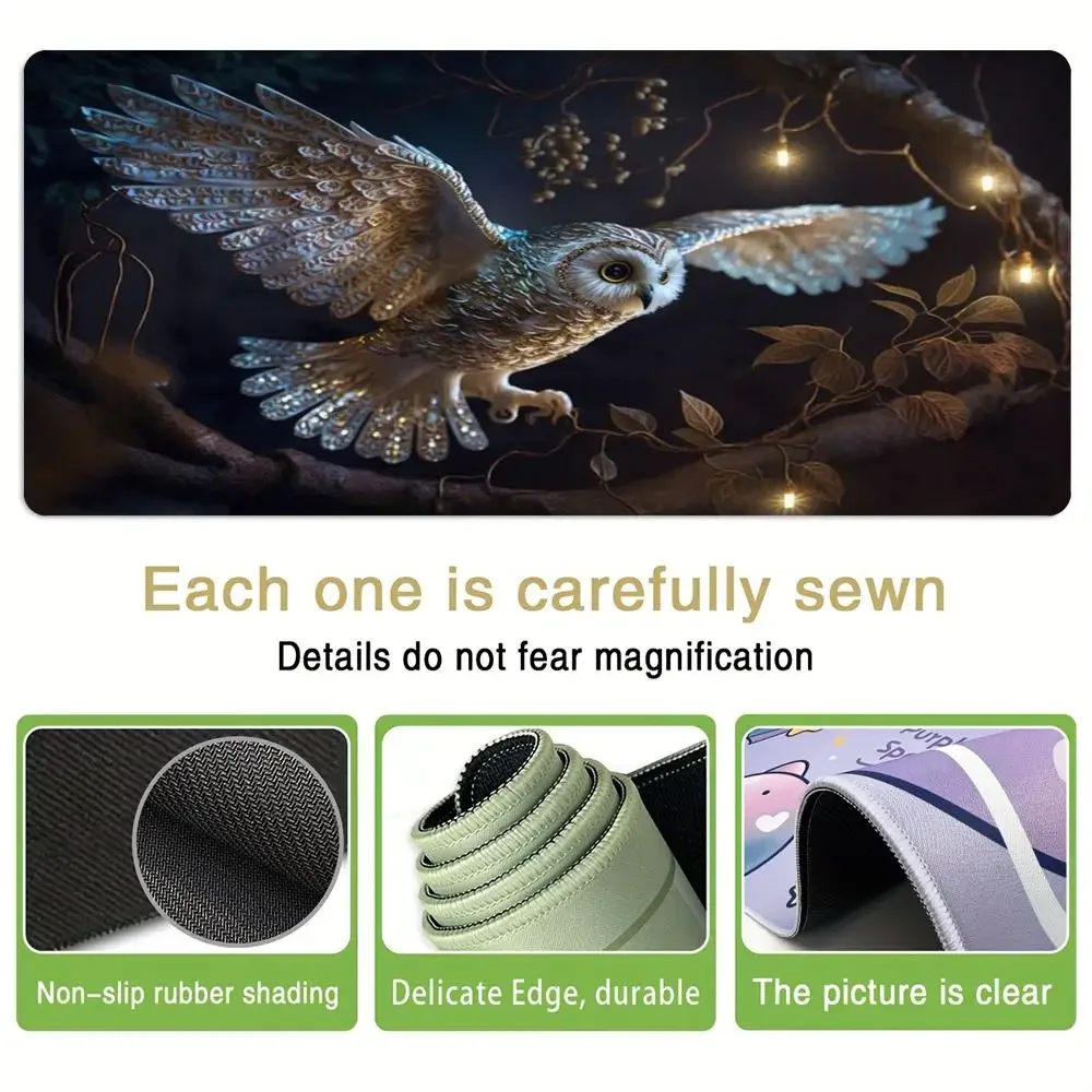 Owl spreading wings pattern mouse pad, anti-slip lock edge thickened computer pads, office game large deskpad, pc accessory