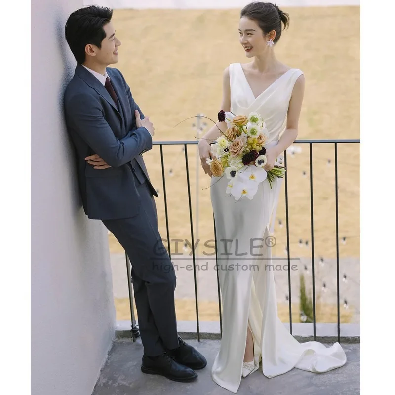 GIYSILE مخصص الساتان 2025 فستان زفاف خفيف جديد موري بسيط الخامس الرقبة الأبيض رقيقة الذيل بلا أكمام الخصر ذيل السمكة سستة الظهر