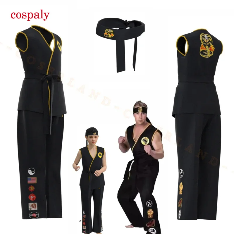 Cobra Kai Cosplay Costume For Kids Adults The Karate Kid Daniel LaRusso Johnny Lawrence Black Karate Uniform Top Pants Halloween