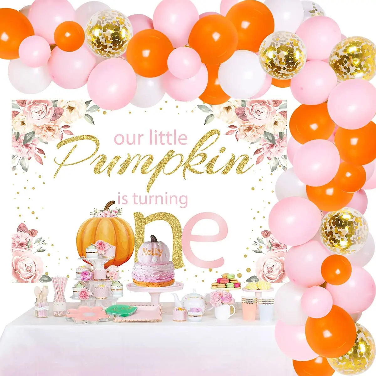 

JOYMEMO Pumpkin 1st Birthday Party Decorations Little Pumpkin Backdrop Balloon Garland Arch Kit for Girl Birthday Party Supplies