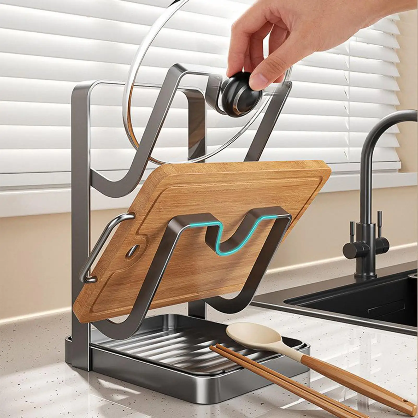 

Органайзер для крышек из нержавеющей стали, многофункциональный, с поддоном для сбора капель, подставкой для ложек и держателем для крышек, для кухонной плиты