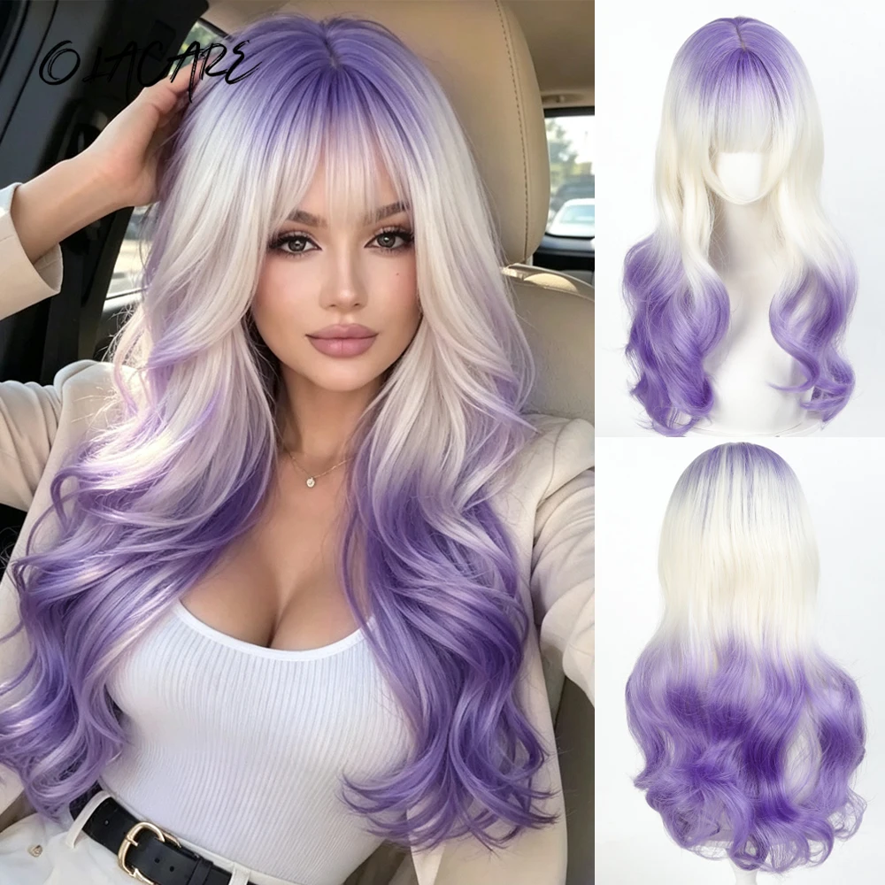 OLACARE Synthetic Long Curly Wavy Purple White Ombre Wigs Natural Wigs Bangs Heat Resistant Cosplay Hair Halloween for Women
