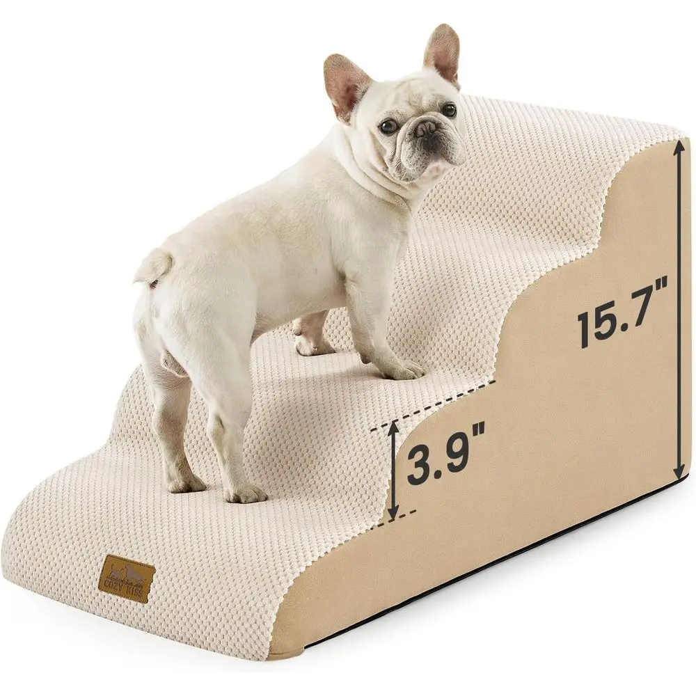 

4-Step Sturdy Pet Stairs for Dogs and Cats, 15.7 H, Curved Design, Washable Cover, 15.7x28.3x15.7 inches, Beige