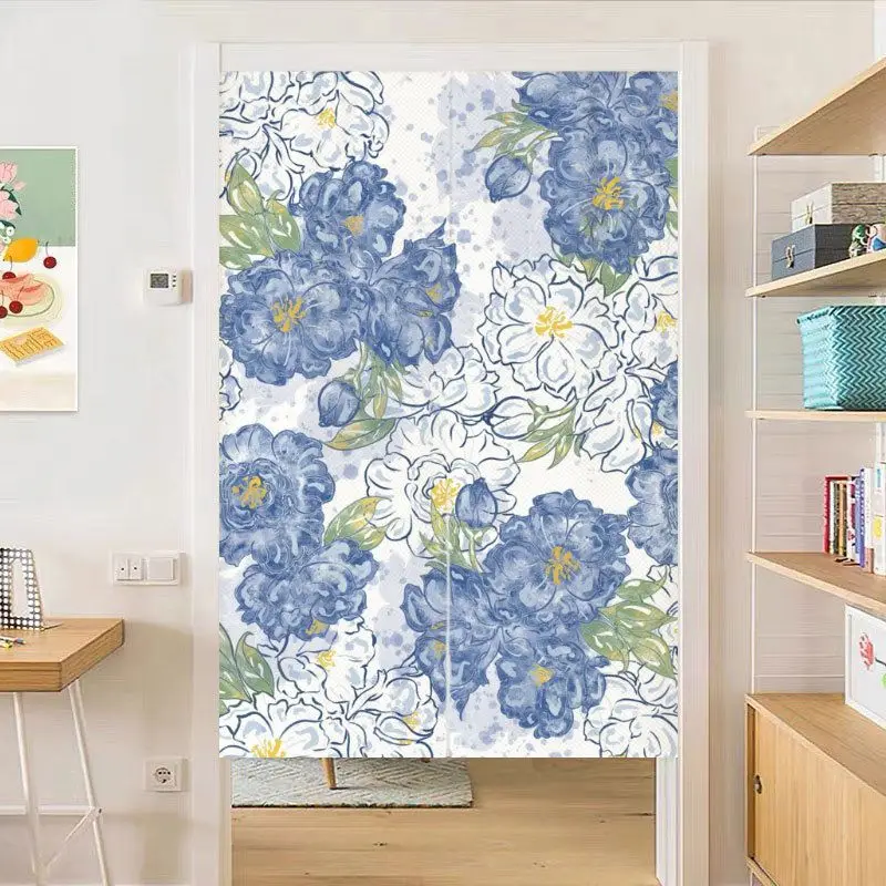 VIKAMA Watercolor Blue White Peony Print Single Rod Pocket No Drill Noren Curtain Kitchen Cafe Shop Partition Decor