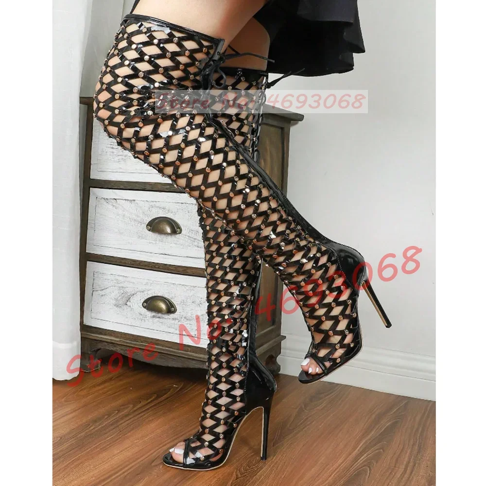 Black Strappy Gladiator Overknee Boots Women Sexy Rivets Decor Patent Leather Stiletto High Heels Fashion Open Toe Long Boots