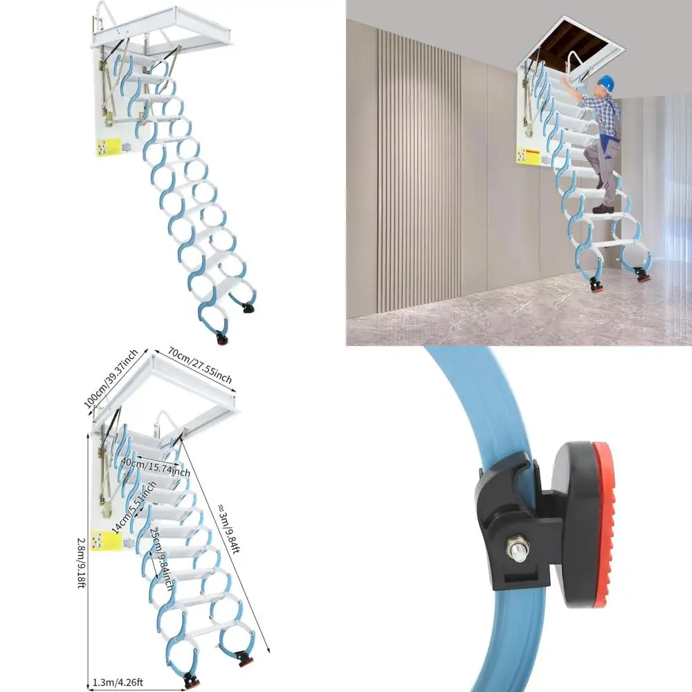 

11 steps ceiling mount attic ladder, 661 lbs capacity, 9 ft attic stairs pull down system w/pull rod, alloy steel loft folding l