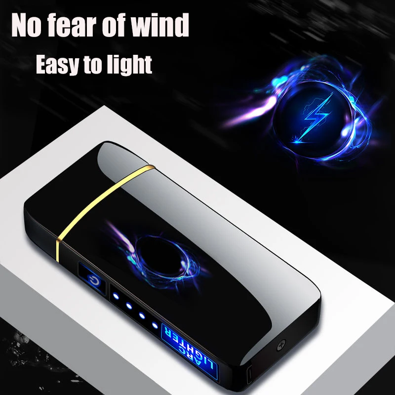 Elektrikli Rüzgar Geçirmez Metal Çakmak Çift Ark Plazma Alevsiz Şarj Edilebilir USB Çakmak LED Güç Ekran Dokunmatik Sensör Çakmak