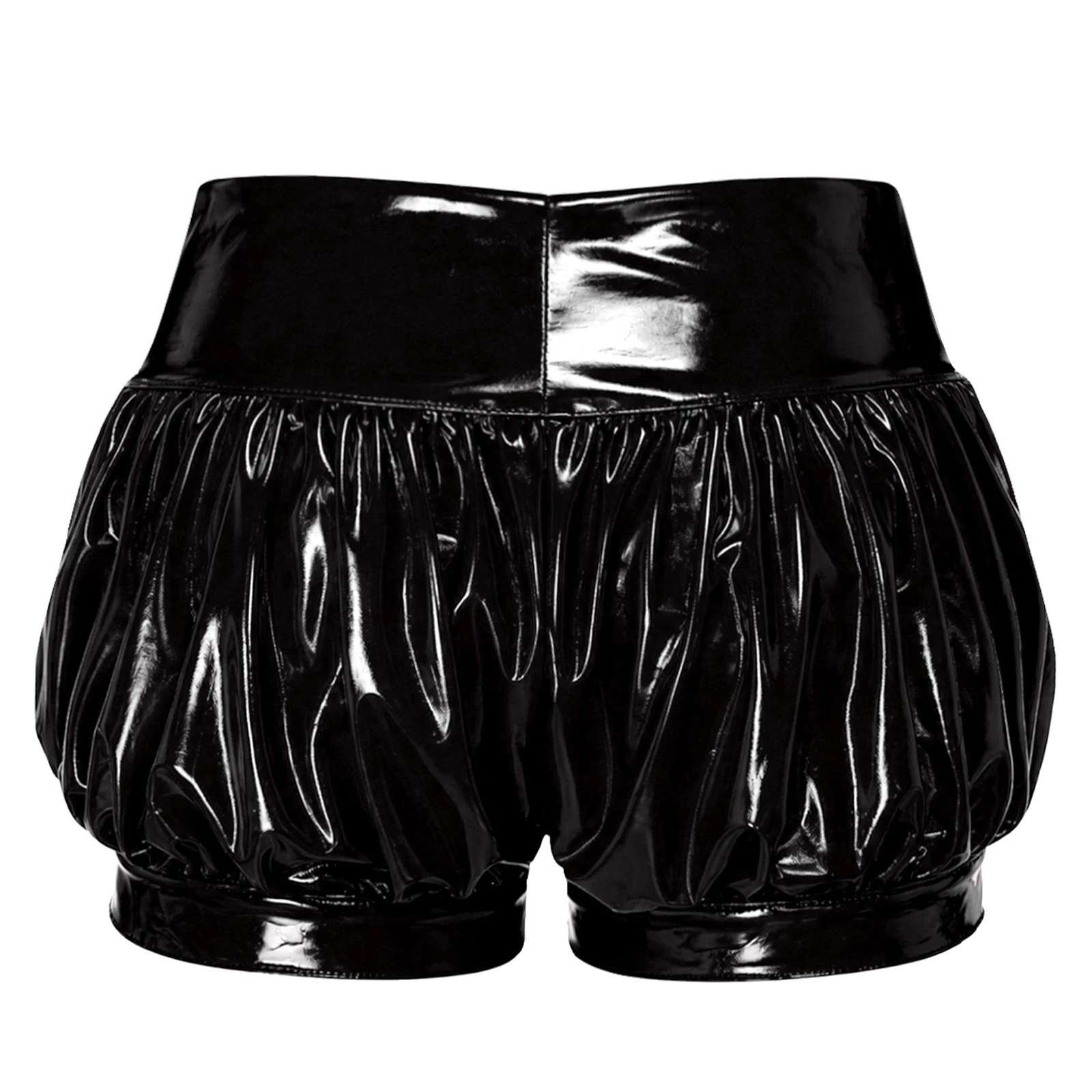 Womens Glossy PU Leather Lantern Bubble Shorts High Waist Front Metal Zipper Gathered Shorts Adjustable Buckle Cuffs Hot Pants