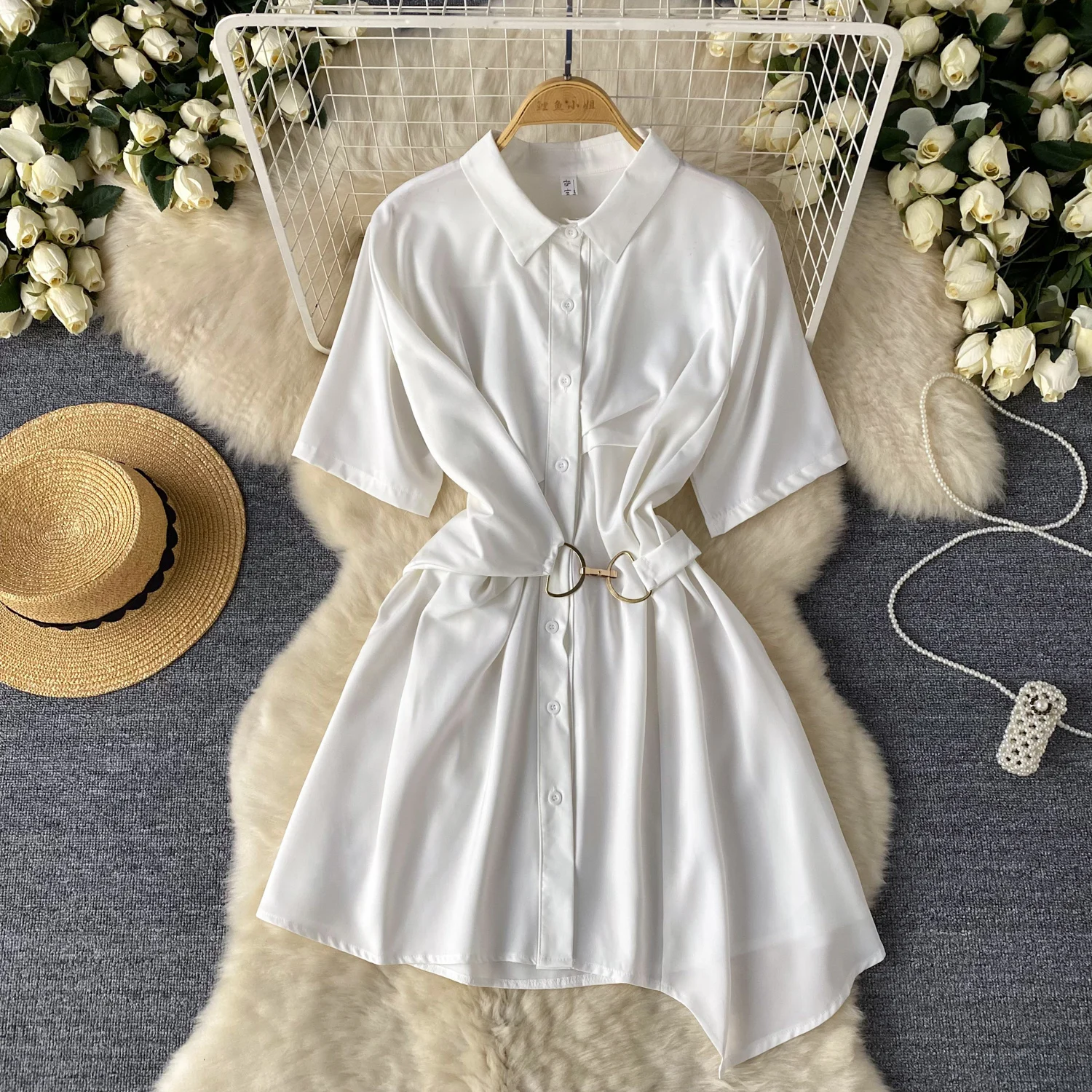 

Sexy short sleeve Turn-down Collar Dress vintage Elegant Slim Women summer sweet Party fashion asymmetrical dresses