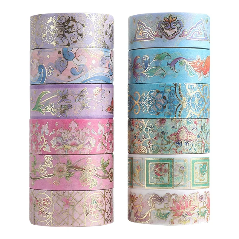 Y19A Gold Foil Flower Washi Tape Set, Floral Washi Tape, Botanical Washi Tape for Journal, Arts and DIY Crafts