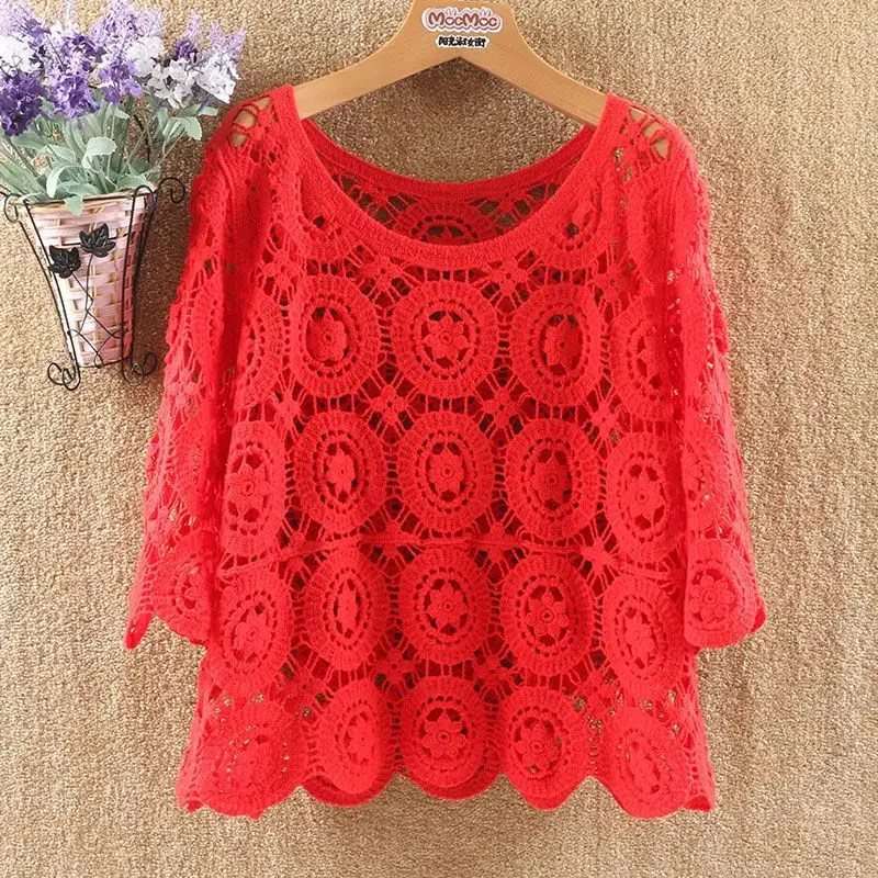 Women 2024 New Spring Summer New Hook Flower Hollow Loose Pullovers Female Shawl Knitted Tops Ladies Short Jumper Sweater Tops