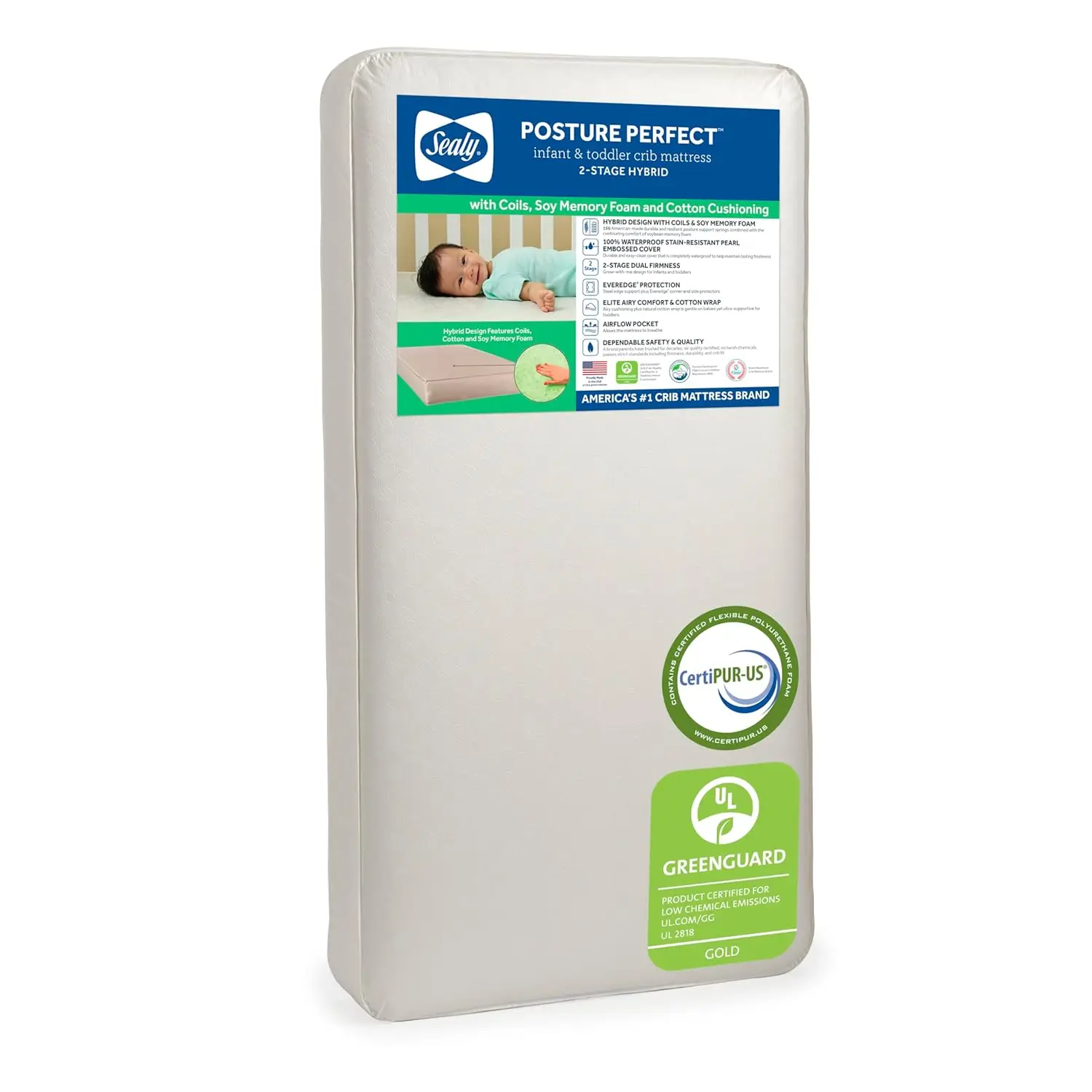 

Дышащий матрас для детской кроватки, сертифицированный GREENGUARD Gold, сделано в США, гибридный, из пены с эффектом памяти и пружин, для безопасности младенцев и малышей