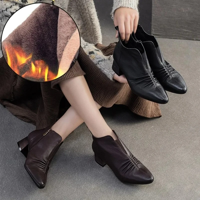 

GKTINOO Pointed Toe Pleated Thick Heel Ankle Boots 2025 Winter New Plush Warm Genuine Leather Versatile Women's Shoes