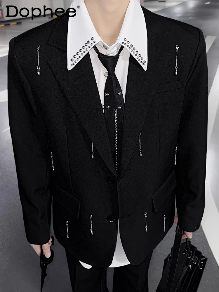 

Fashion Suit Jackets Men 2026 Four Seasons New High-End Rivet Chain Design Stylish Tailored Coats Loose High Street Chic Blazers