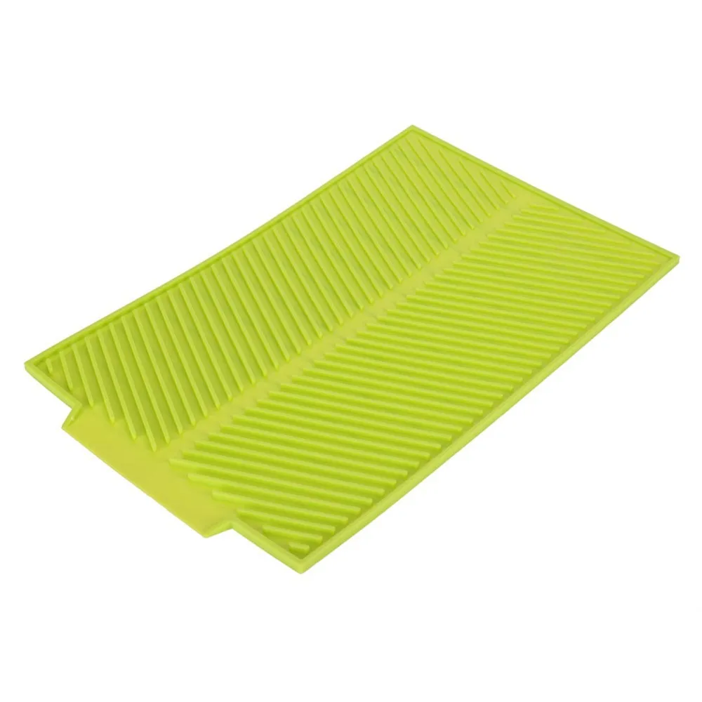 Silicone Dish Drying Mat Rectangle Shape Green Grey Drying Rack Pad Heat-Resistant Built-in Lip Drain Mat Kitchen Counter Sink