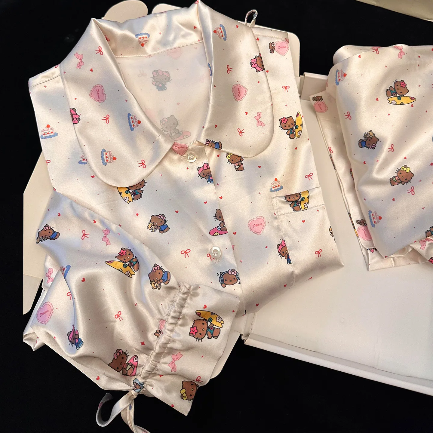 

2Pcs Sanrio Hello Kitty Woman's Pajamas Set Kawaii Cartoon Print Long Sleeve Sleepwear Spring Ice Silk Loungewear Satin Luxury