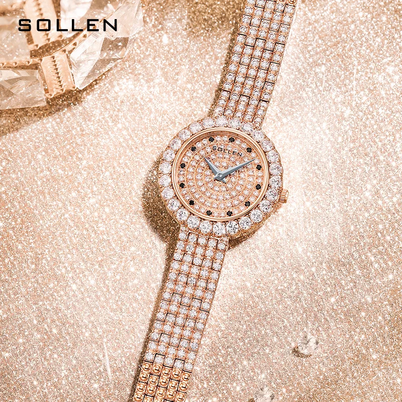 SOLLEN 2023 New Quartz Women Watch Luxury Rose Gold Diamond Bracelet Watch Ultra Thin Dial Stainless Steel Strap 30M Waterproof