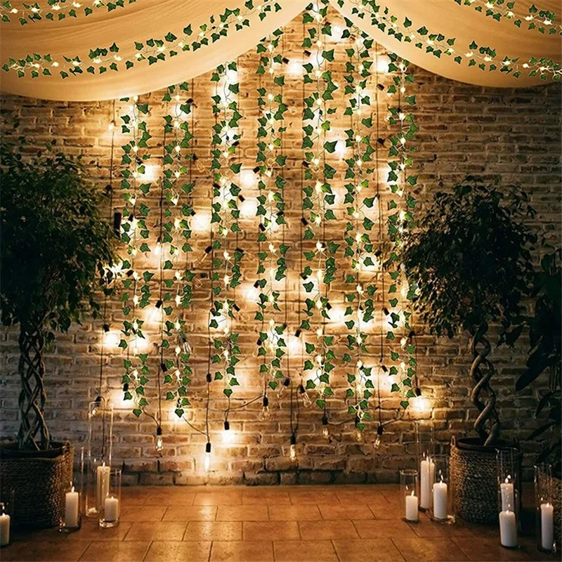 Solar Green Leaf Fake Plants String Light Waterproof String Light For Wall House Room Office Outdoor Birthday Wedding Decor