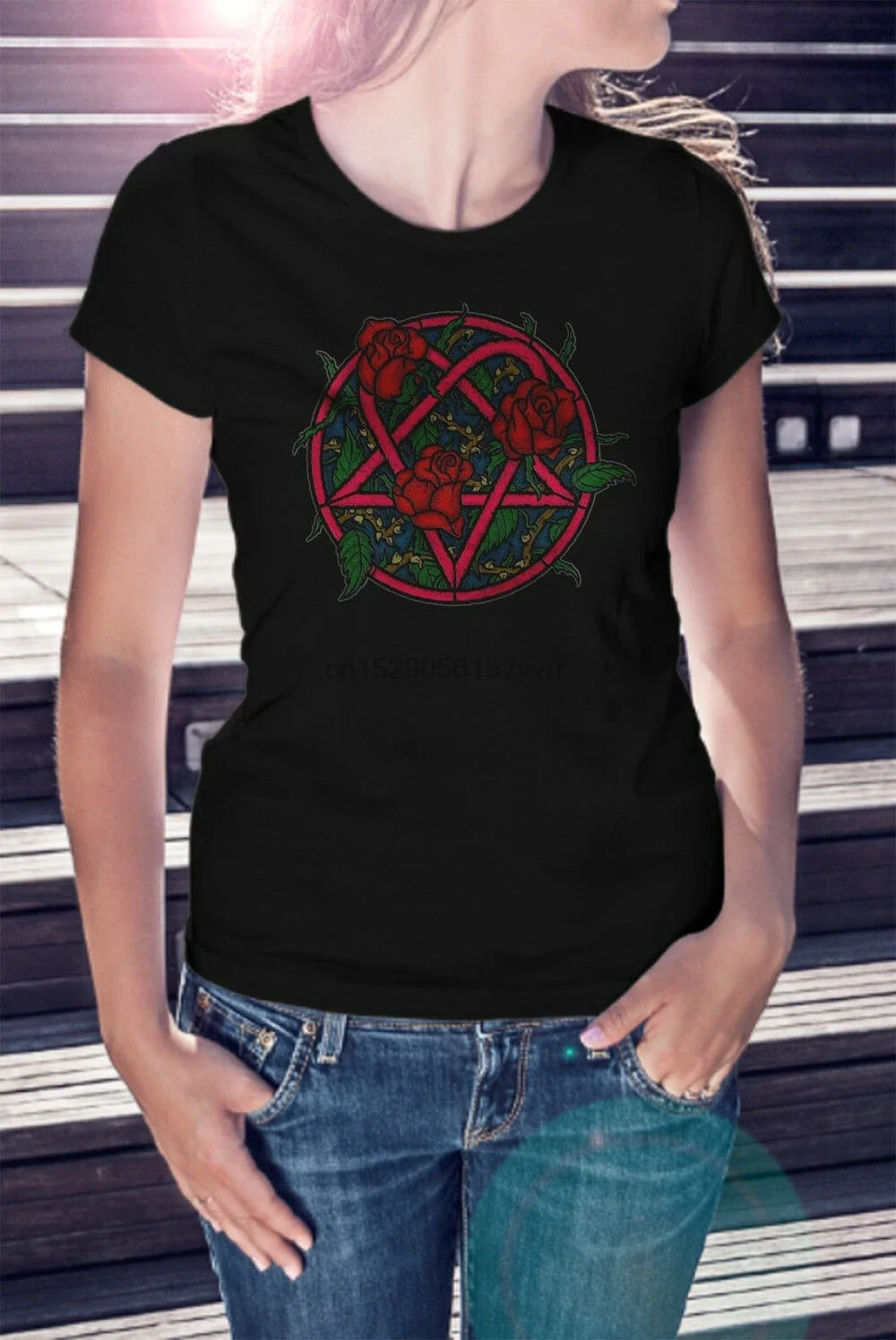 

HIM Rose Heartagram Women Black Tee Metal Band Shirt Rock Band T-Shirt XS-XL