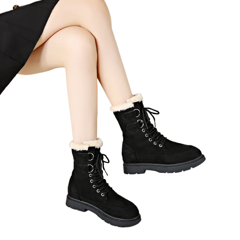 NEW Fashion Combat Calf Boots for Women Winter Lace Up Mid Fur Lined Warm Snow Shoes Anti Slip Comfortable Outdoor Booties 2024