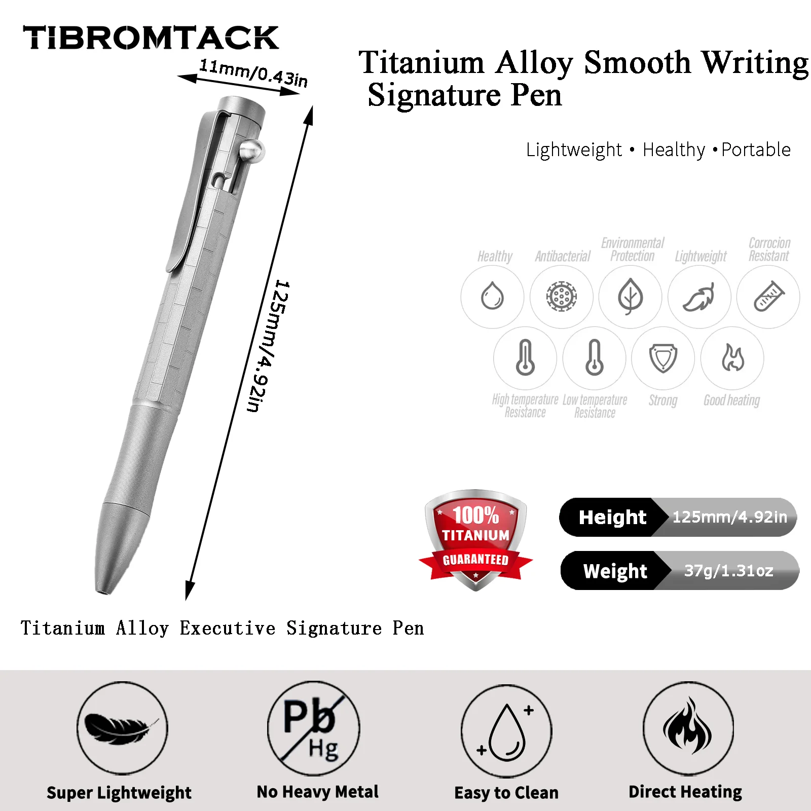 TIBROMTACK Pure Titanium Bolt Action Pen - 125mm/4.92in 37g | Steel-Strength for Self Defense, Signing & Calligraphy, BPA Free