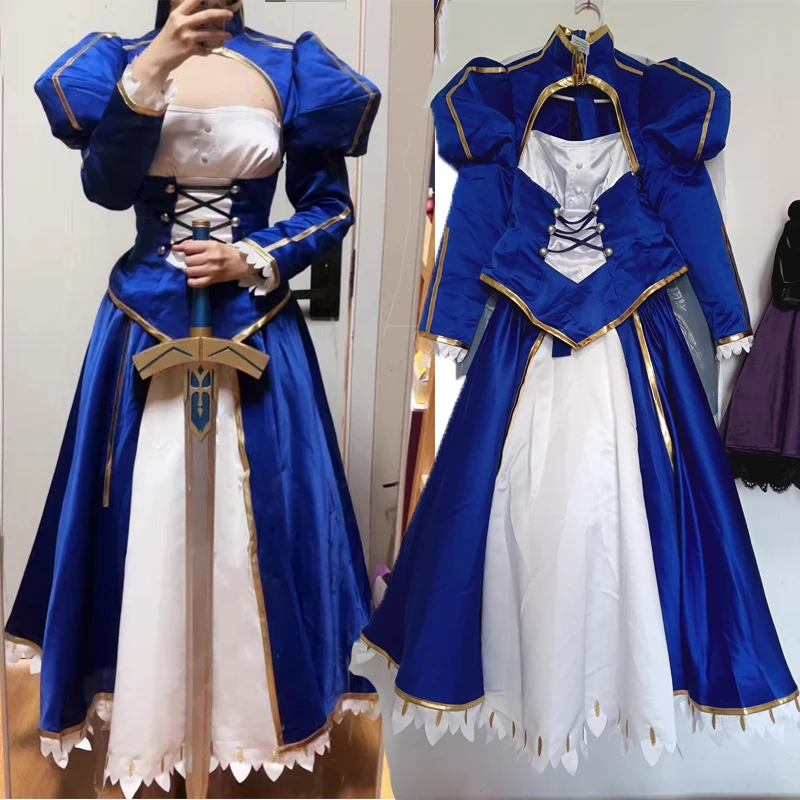 Anime Fate/Stay Night Saber Cosplay Costumes Women Sexy Blue Long Sleeve Dress Headwear Suit Halloween Carnival Roleplay Clothes