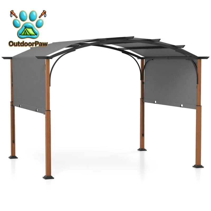 10 x 12 FT Outdoor Retractable Pergola w/ Retractable Canopy Wood Looking Posts