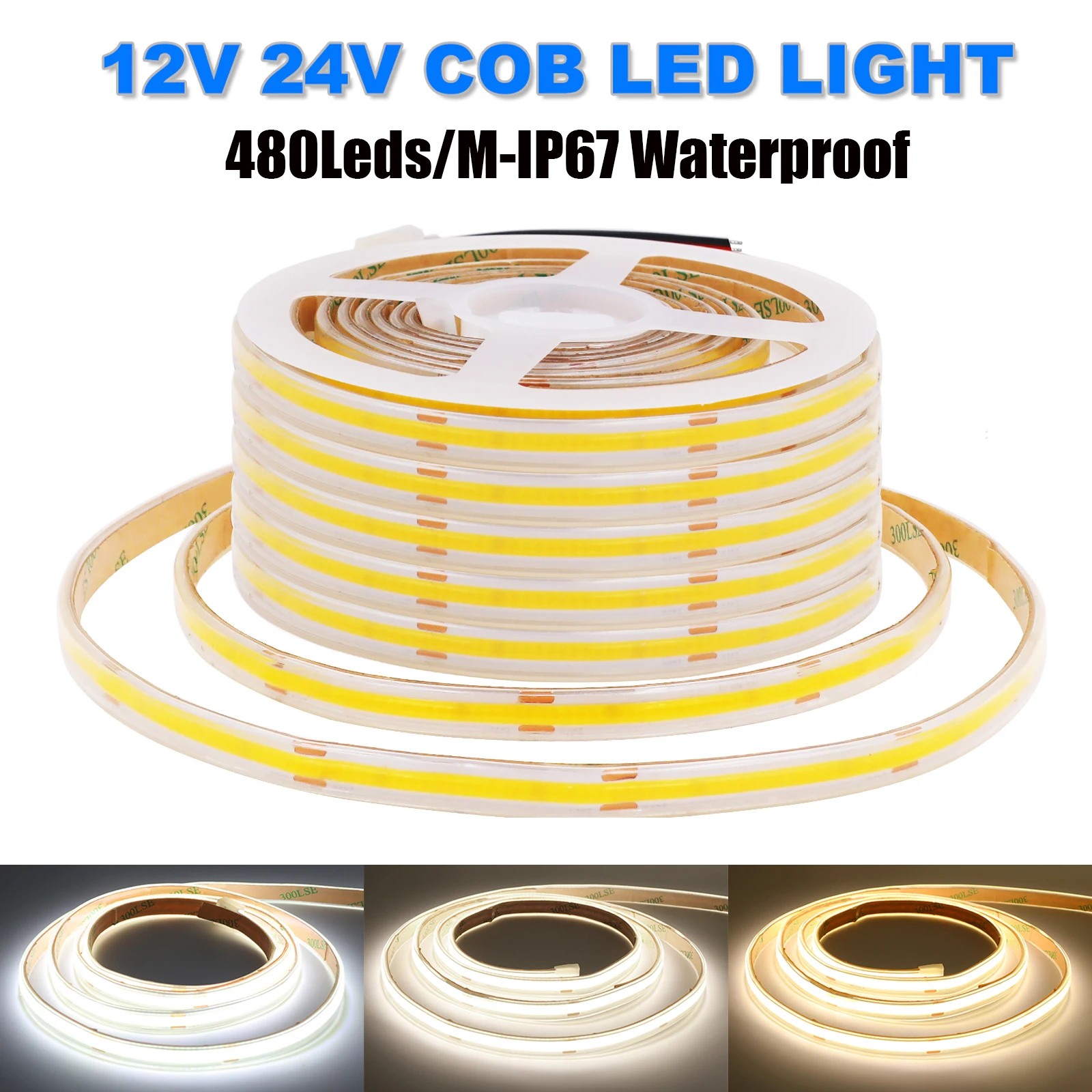 

480Leds/M COB LED Strip DC12V 24V IP67 Waterproof 3000K/4000K/6000K White High Bright Flexible Home Decor Lamp 0.5M 5M 10M 20M