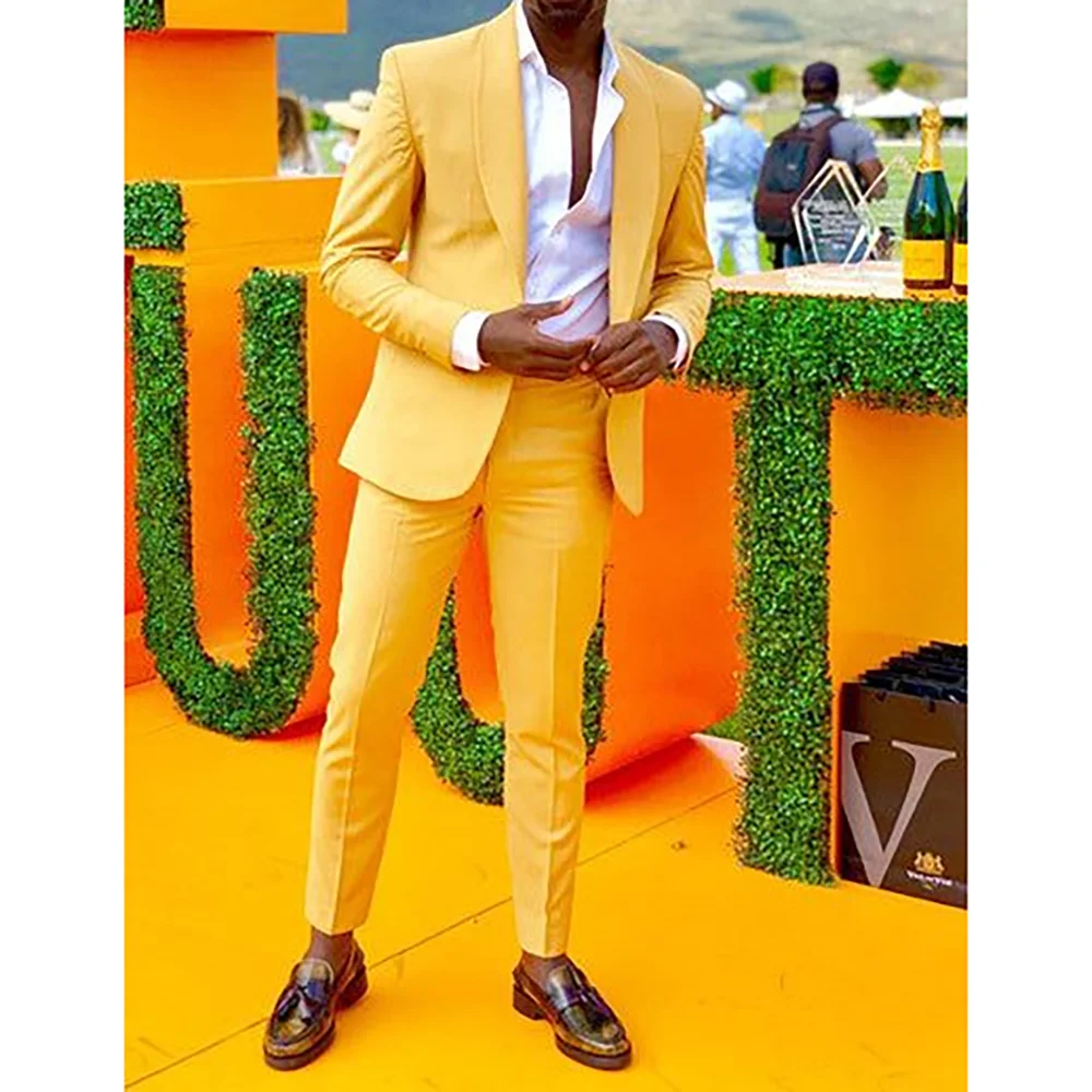 

High-end Yellow Shawl Lapel 2 Pieces Men's Suit Jacket Pants Work Commute Daily Casual Male Clothing