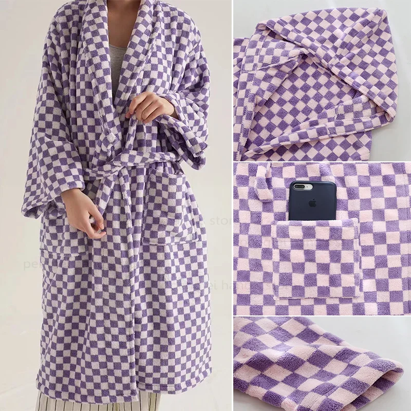 Autumn Winter Women Shower Bathrobe Gown Warm Plaid Robe Hooded Coral Fleece Sleepwear Long Sleeve Nightwear Lingerie Loungewear