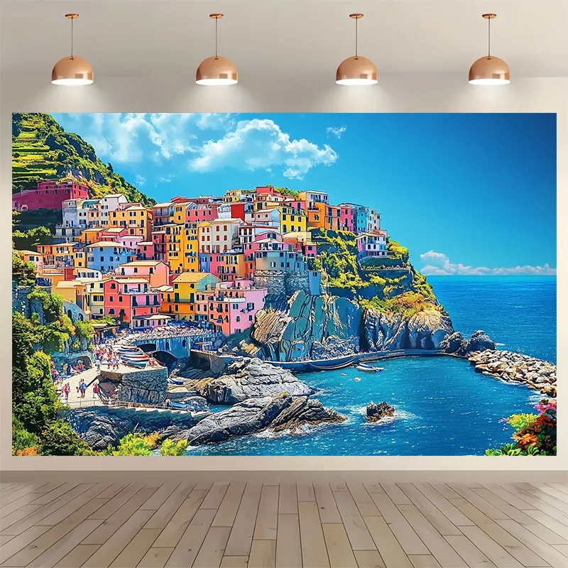 Ein Hintergrund, der ein italienisches Dorf am Meer zeigt, perfekt für Fotografie und Partybanner.