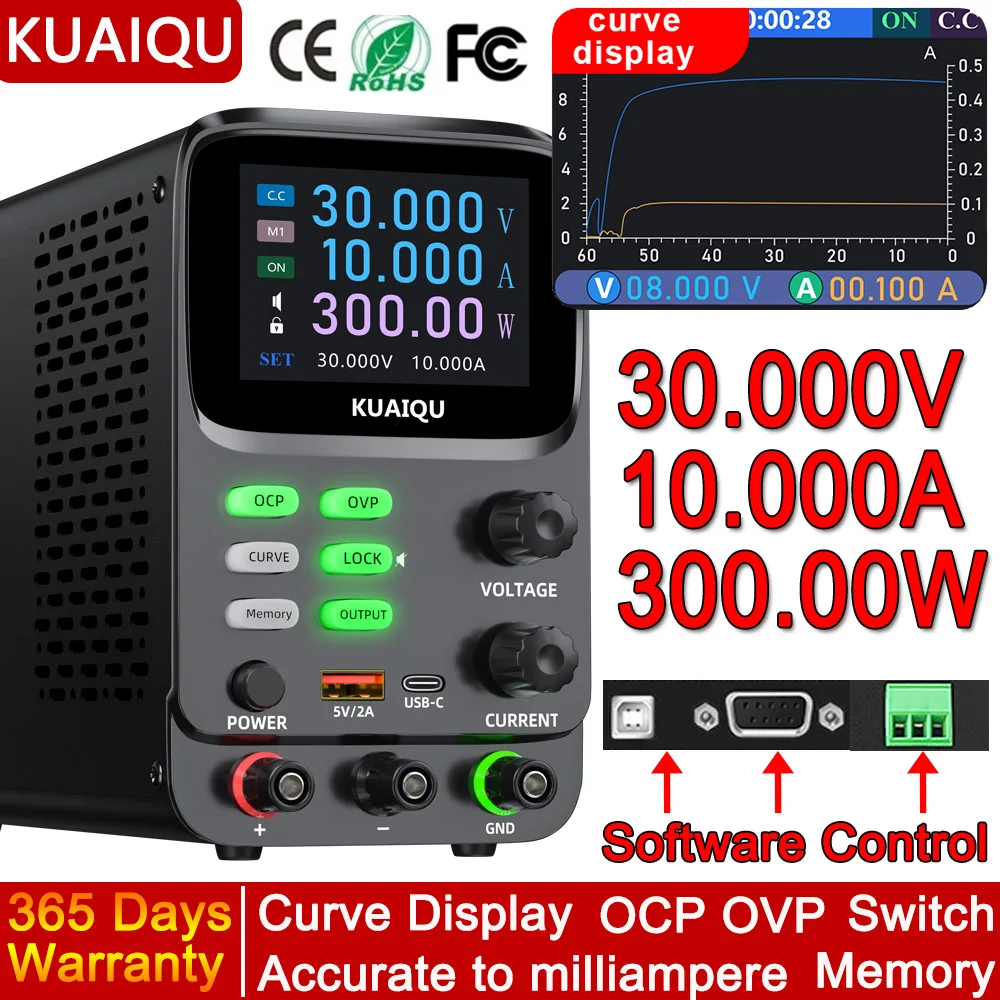 KUAIQU 30V 10A Lab Power Supply With 5-digit Digital Display, OCP OVP Short Circuit Alarm, Voltage-current Curve, Battery Tester