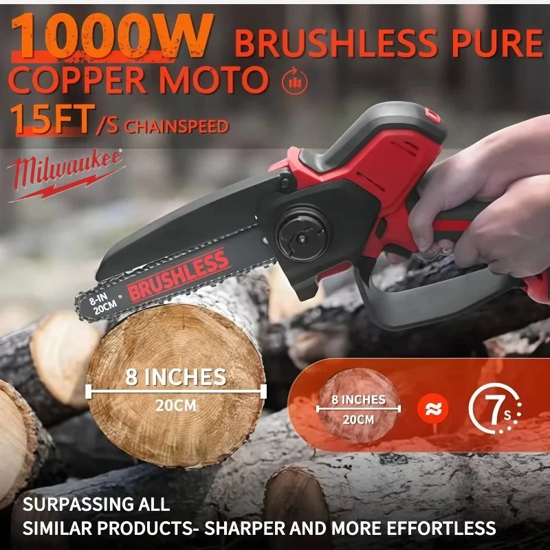 Milwaukee 8 Inch High-power Chainsaw Auto Oiler Brushless Electric Chain Saw Pruning Wood Cutting Power Tools For 18V Battery