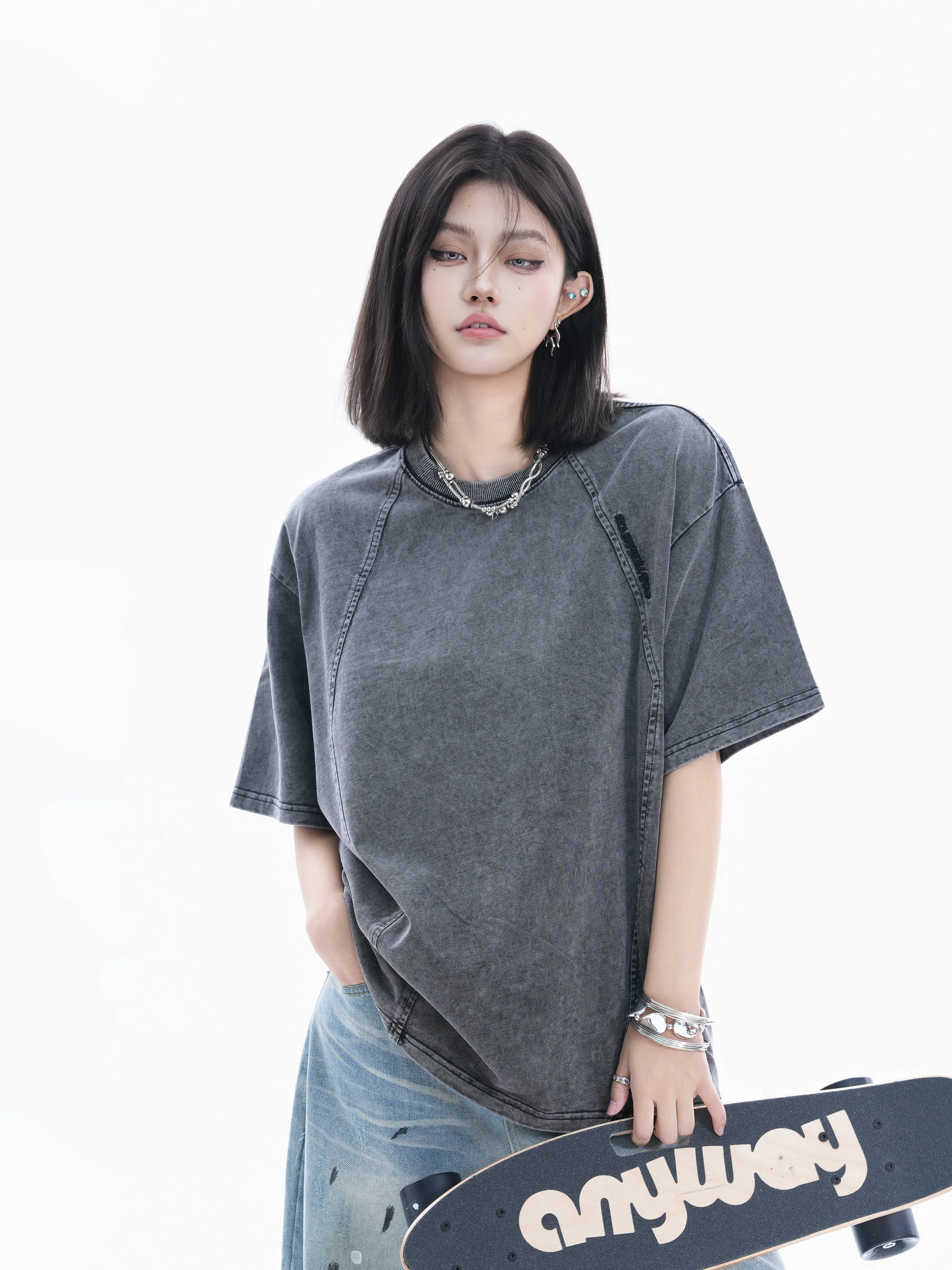 

Retro Washed Short Sleeve T-Shirt Women Loose Slimming BF Couple INS Top Cotton Breathable Comfortable round Neck Pullover