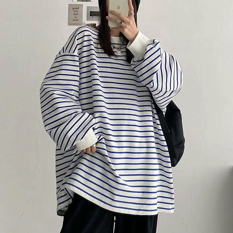 Spring Autumn Loose Striped Oversized T-shirt Long Sleeve O-Neck Plus Size Thin Youth Pullovers Top Casual Fashion Women Clothes