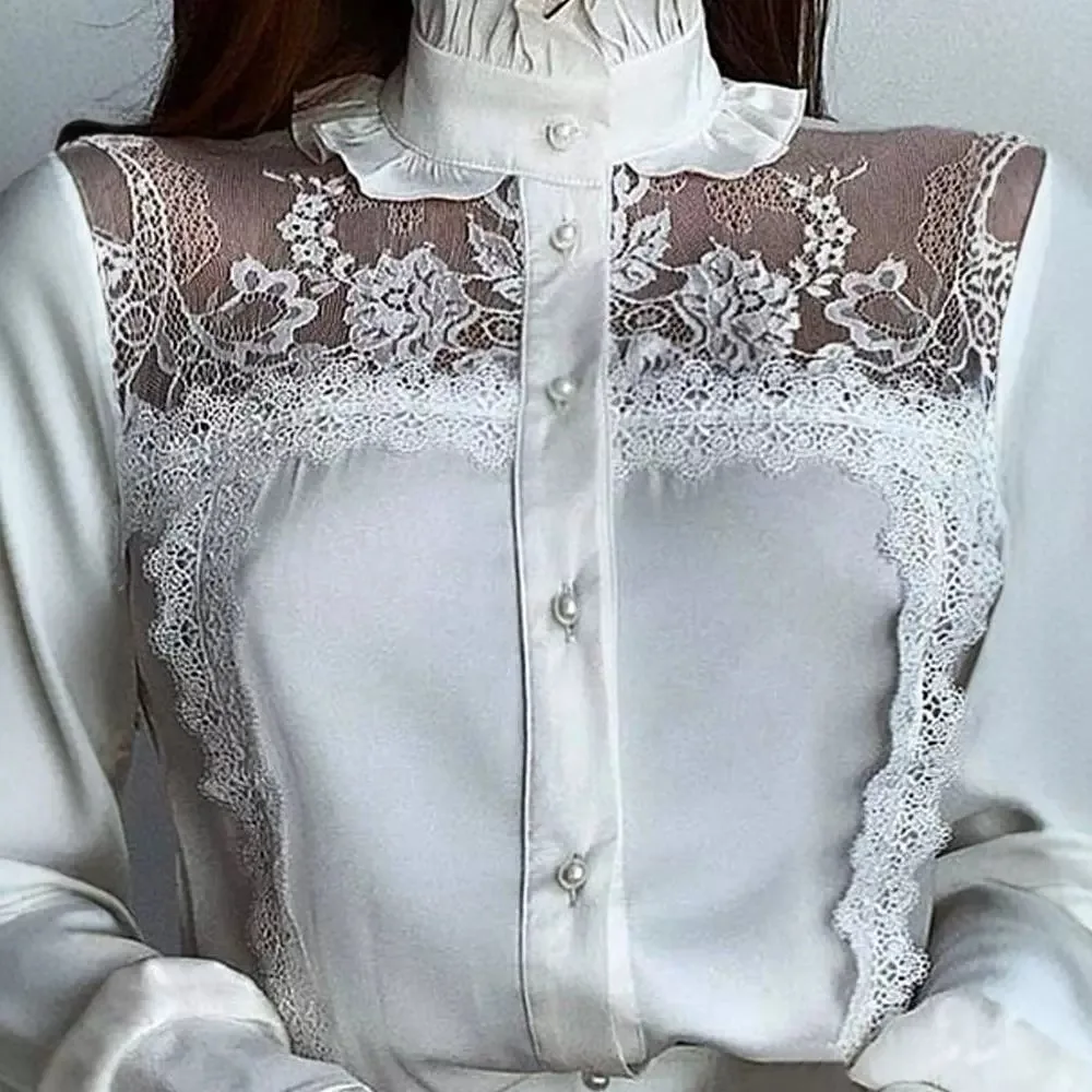 White Blouses Woman Clothing Shirt 2024 Summer Fashion High-Neck Mesh Lace T-Shirts Pullover Y2k Tops for Female Streetwear