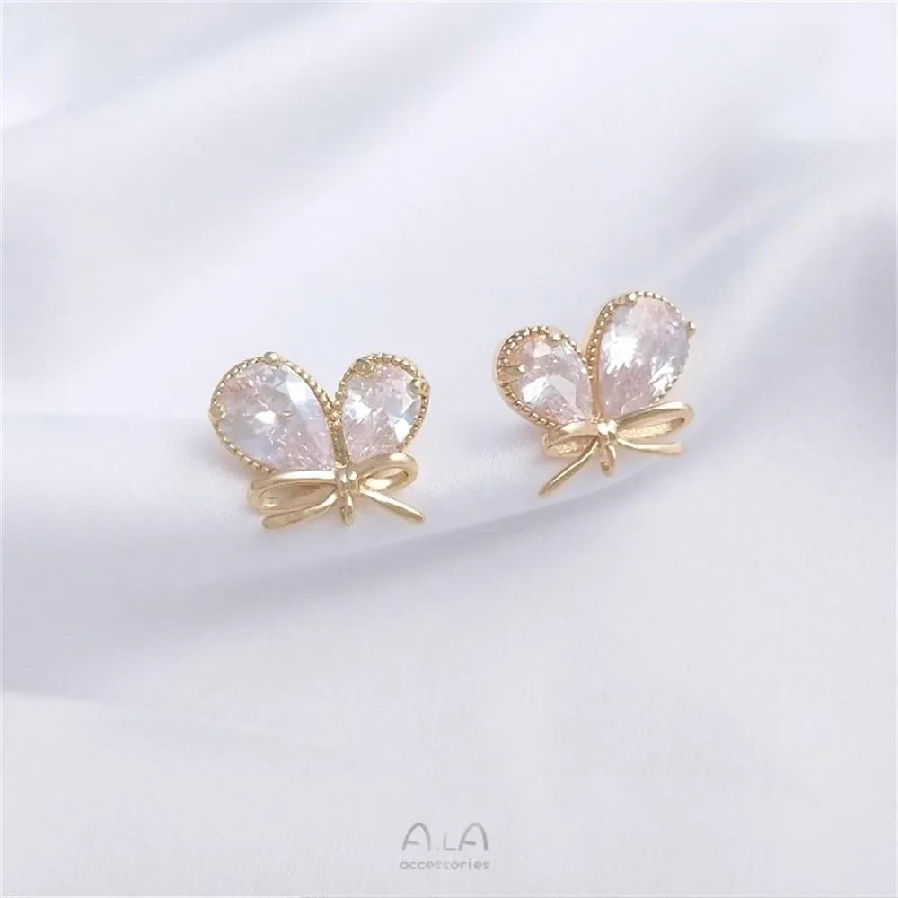 

14K Gold Color Large Water Drops Zircon Butterfly with Sling Studs Earrings 925 Silver Needle Handmade DIY Earrings Ear Jewelry