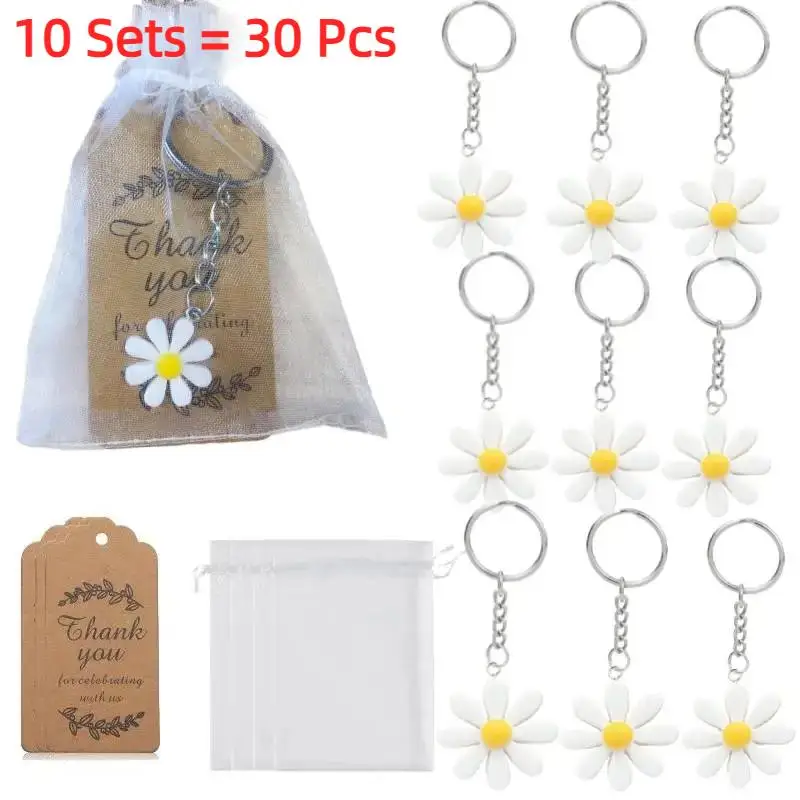 10Sets=30pcs Daisy Party Favors Include Daisy Keychains with Organza Bags Thank You Kraft Tags for  Party Supplies