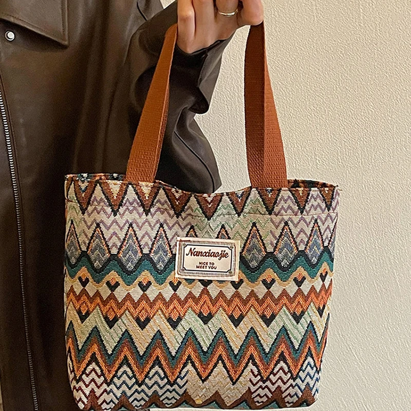 Bohemian Ethno-Stil Geometrischer Druck Canvas-Umhängetasche, Bunte Zickzack-Muster-Handtasche für Damen, Leichte Pendler-Tragetasche – Detail 7