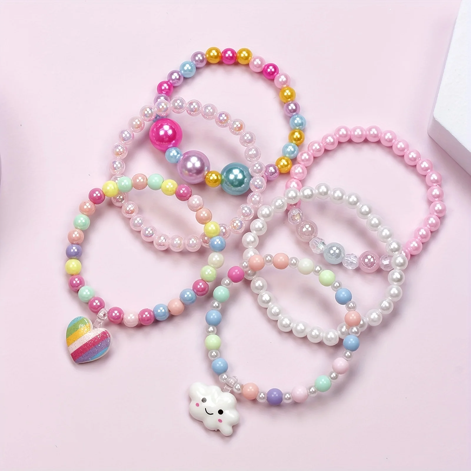 Colorful Acrylic Beaded Bracelet 6-Pack for Kids 3-12 - Rainbow Party Favors with Love Cloud Pendants, Ideal Gifts