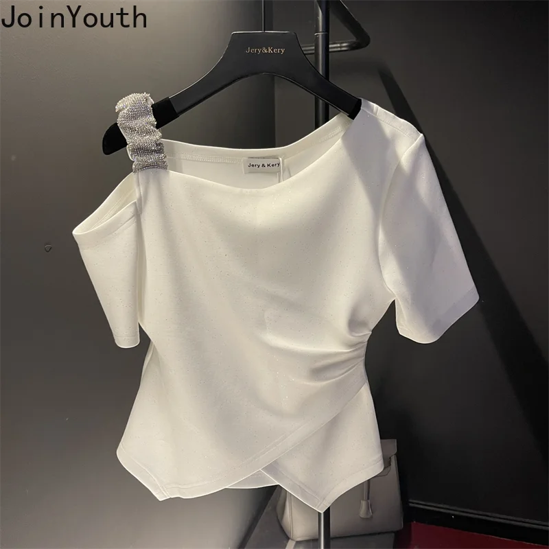 Crop Tops Tshirts for Women Solid Color Diamond Tunic Tees 2024 Ropa Mujer Slim Waist Off Shoulder Fashion Sweet Sexy T-shirt