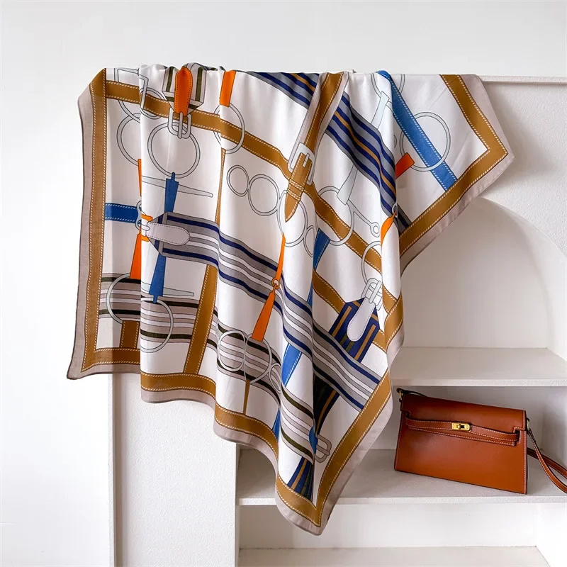 90*90 2024 New Fashion Light Luxury Silk Scarf Women Twill Simple Square Scarves Ladies Sunscreen Shawl Headscarf All Seasons image 4