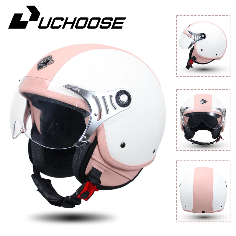 Vintage lederen open helm motorhelmen dubbel vizier DOT goedgekeurde heren retro 3/4 halve helm