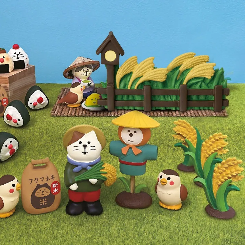 Japanese Style Feline Figurines Collection Countryside Grandma Cat Rice Ear Kitten Handcrafted Resin Artifact Desk Display Piece