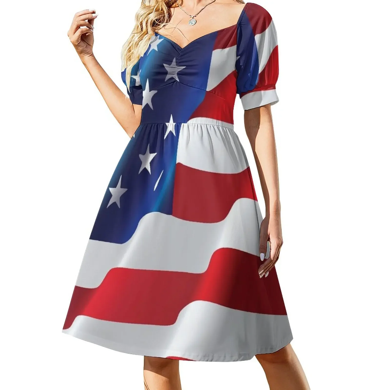 

American Flag Blowing in the Wind Short-Sleeved Dress Women's summer dress Women's summer suit