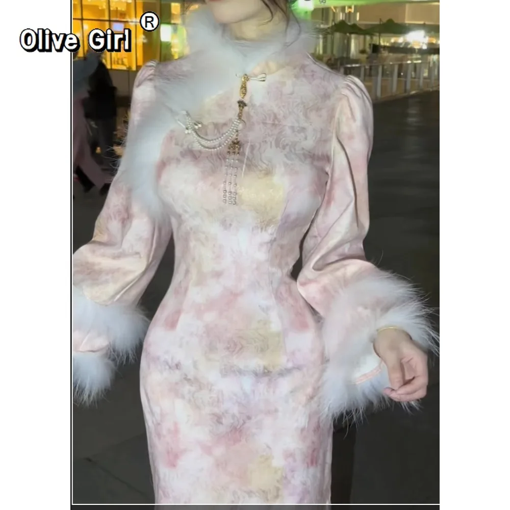 

Осенне-зимнее плотное стильное нежное шерстяное платье Cheongsam, платье Ципао с розовым цветком, элитная женская традиционная китайская одежда