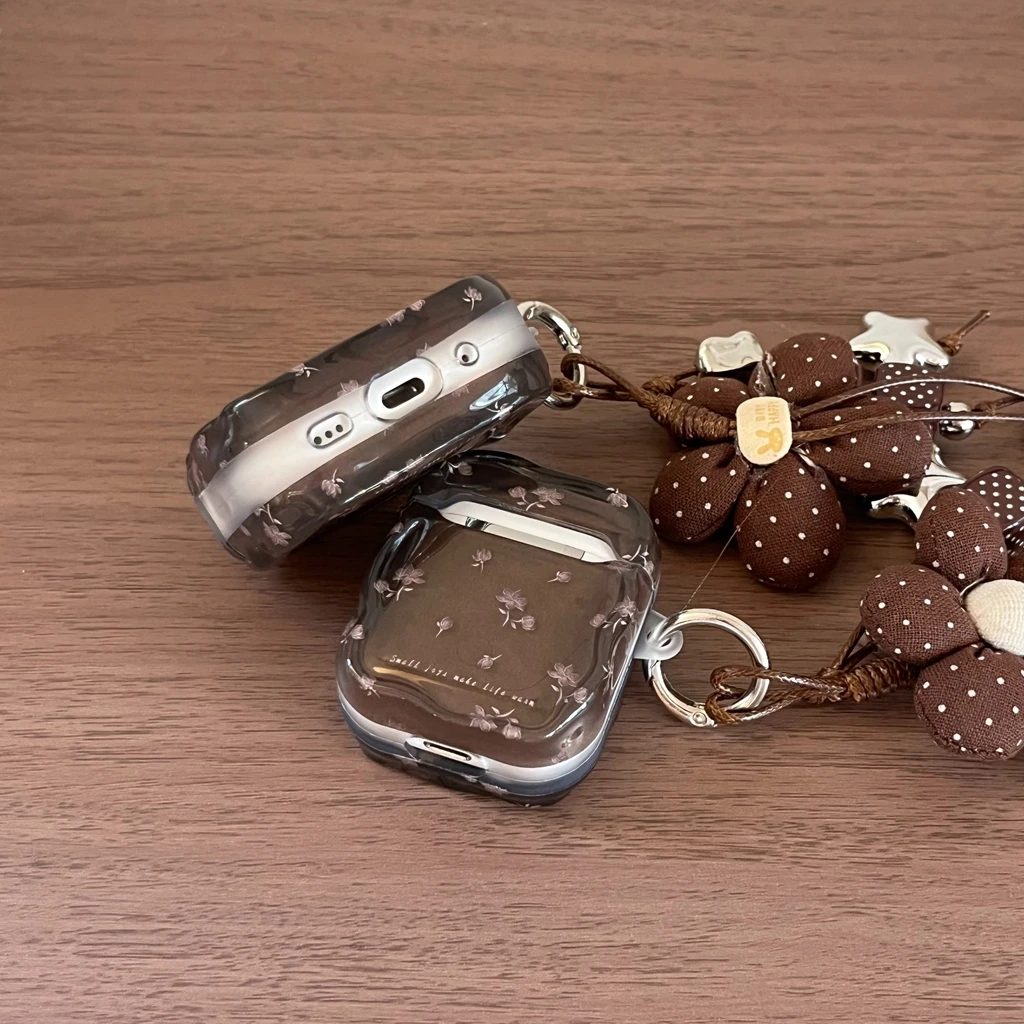 Vintage Brown Base Floral Wavy Edge Fabric  Polka Dot Flower Pendant Earphone Cover Case for AirPods 1 or 2 3 4 5 Pro 2 Pro 3